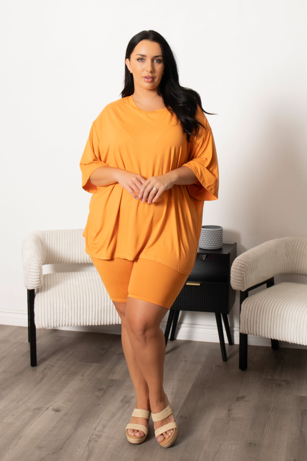Capella Matching Sets Plus Size Alex Tee And Biker Short Set - Orange