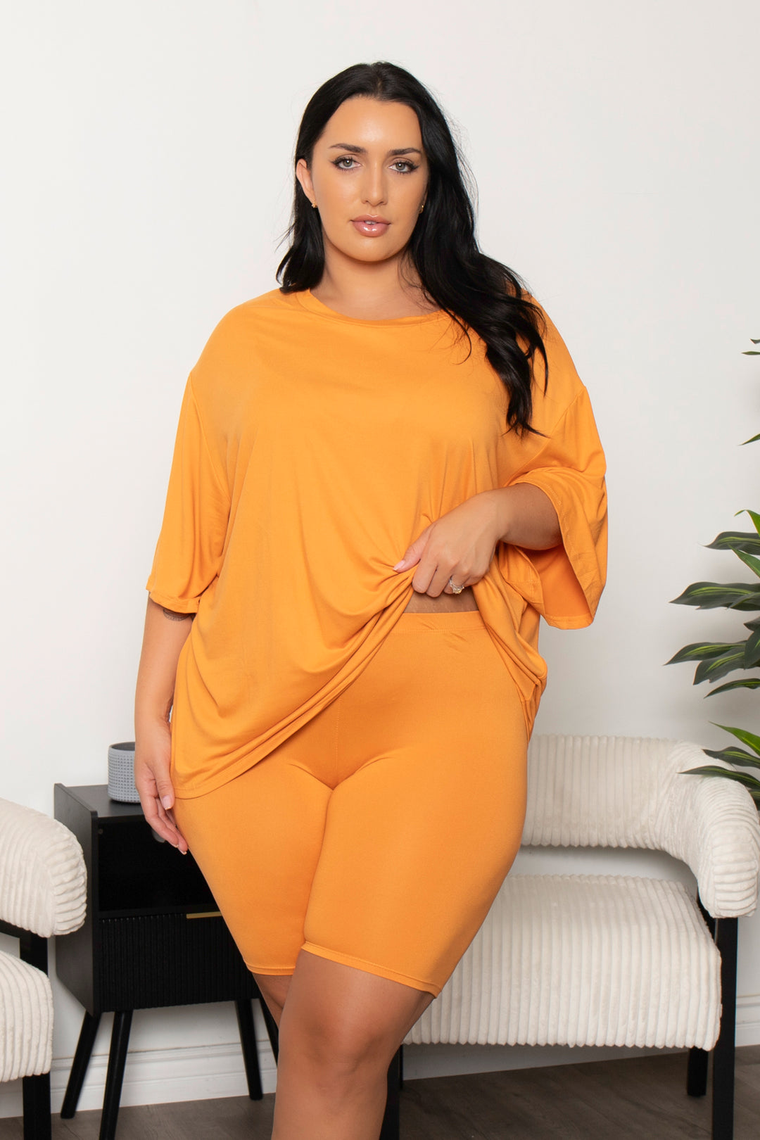 Capella Matching Sets Plus Size Alex Tee And Biker Short Set - Orange