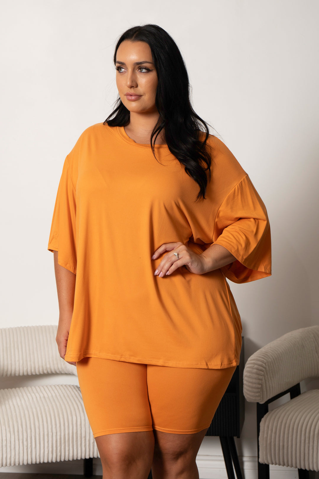 Capella Matching Sets Plus Size Alex Tee And Biker Short Set - Orange
