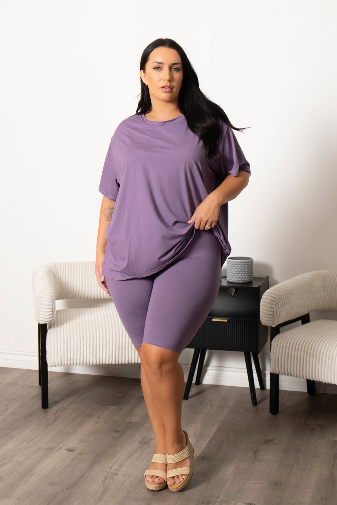 Capella Matching Sets Plus Size Alex Tee And Biker Short Set - Plum