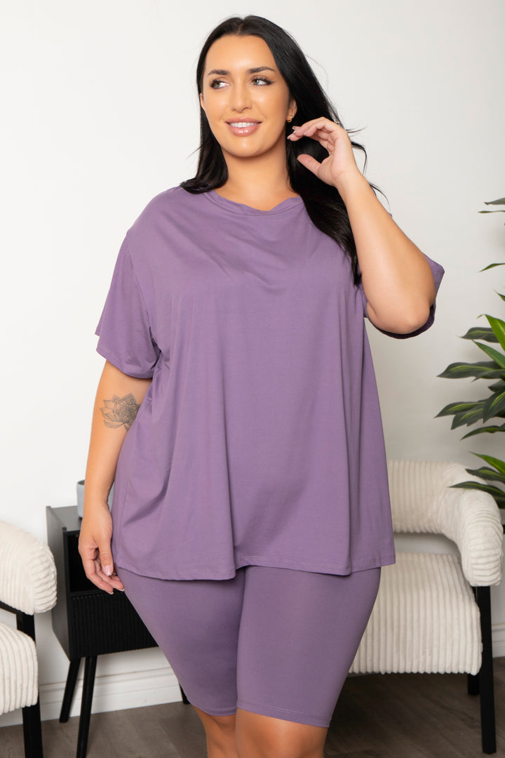 Capella Matching Sets Plus Size Alex Tee And Biker Short Set - Plum
