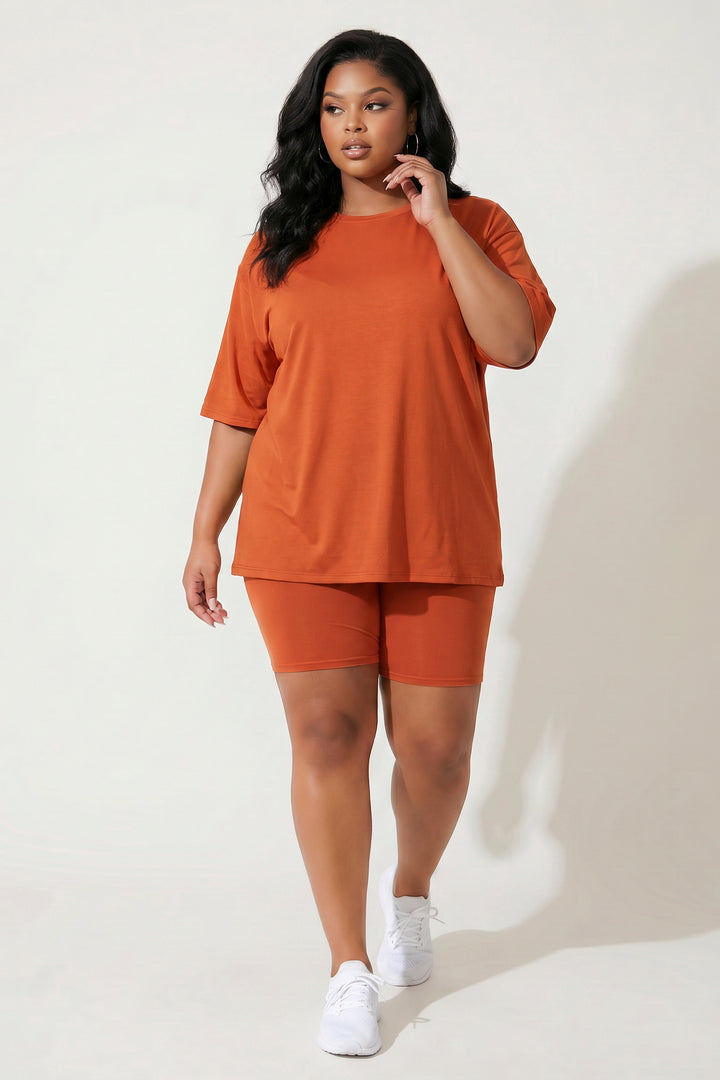 Capella Matching Sets Plus Size Alex Tee And Biker Short Set - Rust