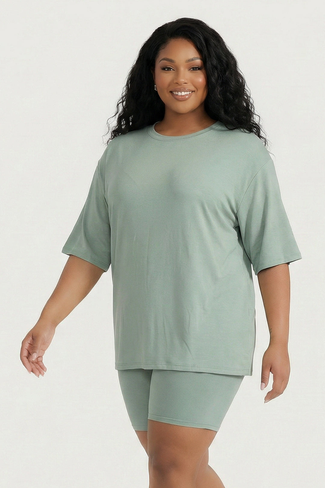 Capella Matching Sets Plus Size Alex Tee And Biker Short Set - Sage