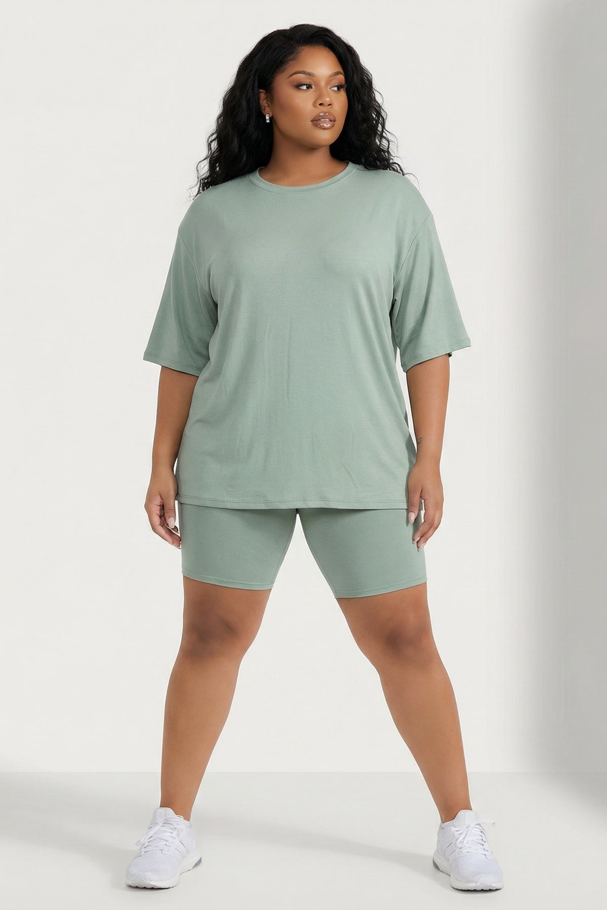 chubby Women's Plus Size Alex Tee And Biker Short Set - Sage - Curvy Sense