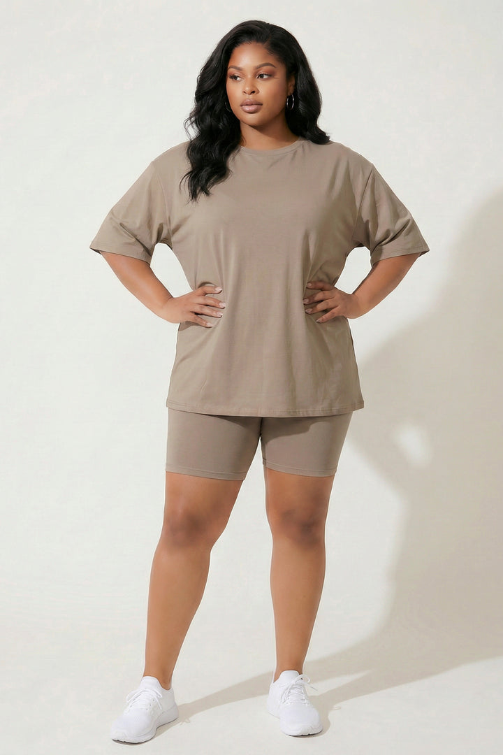 Capella Matching Sets Plus Size Alex Tee And Biker Short Set - Taupe