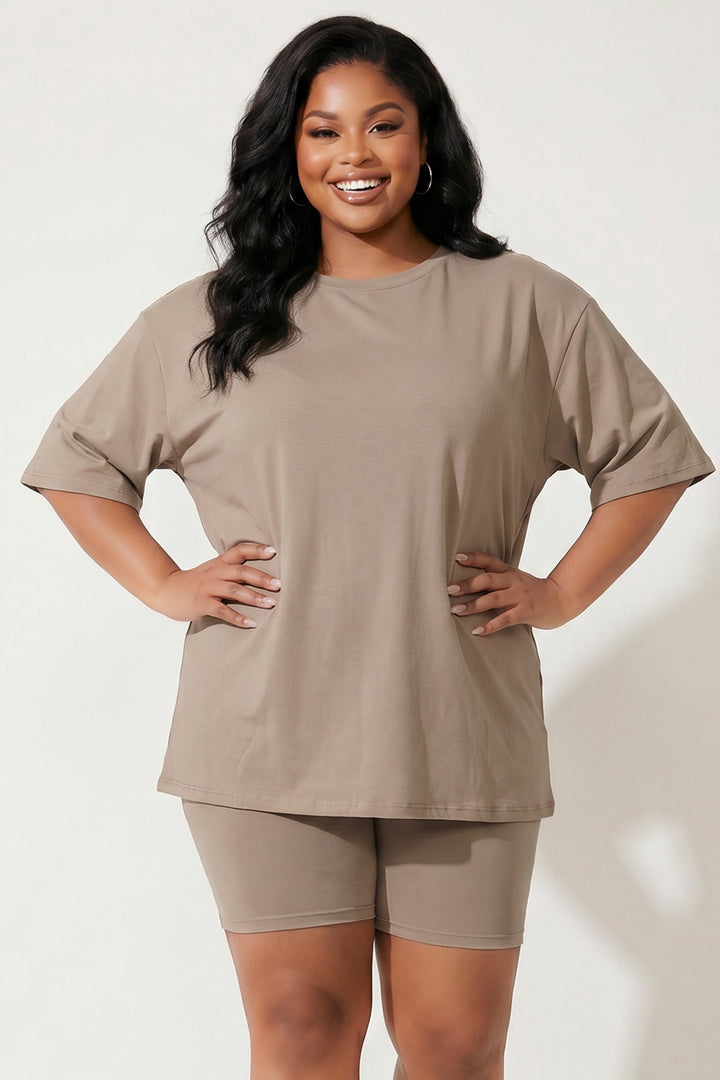 Capella Matching Sets Plus Size Alex Tee And Biker Short Set - Taupe