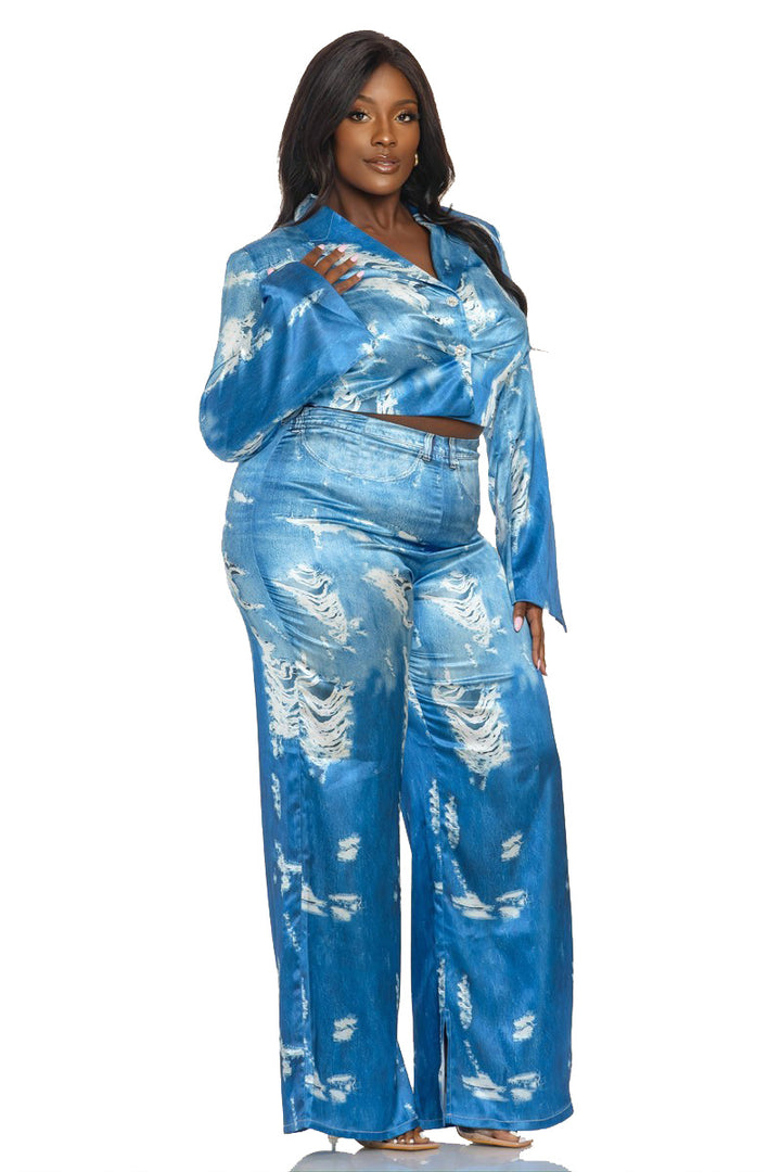 THE SANG COMPANY Matching Sets Plus Size Bluzes blazer and boot cut pants - Denim