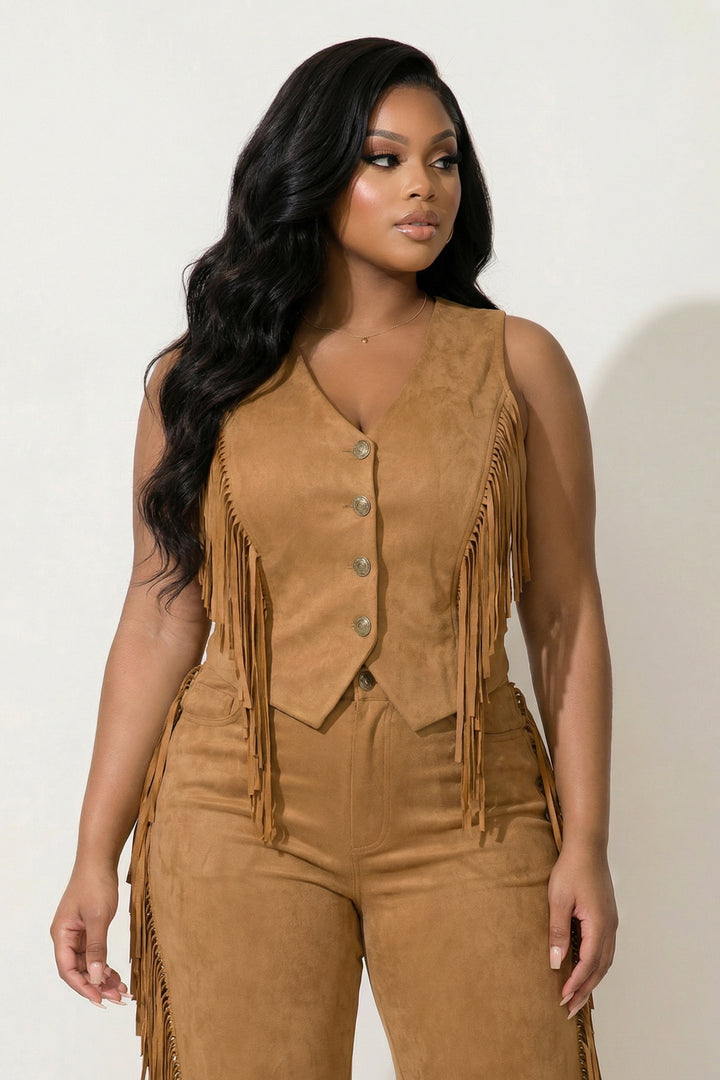 JULIA Matching Sets Plus Size Button Down Side Tassel Top & Pants Set - Camel