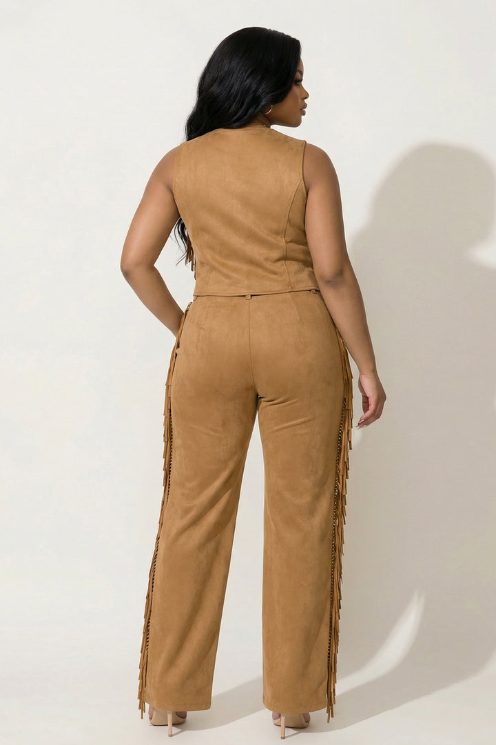 JULIA Matching Sets Plus Size Button Down Side Tassel Top & Pants Set - Camel