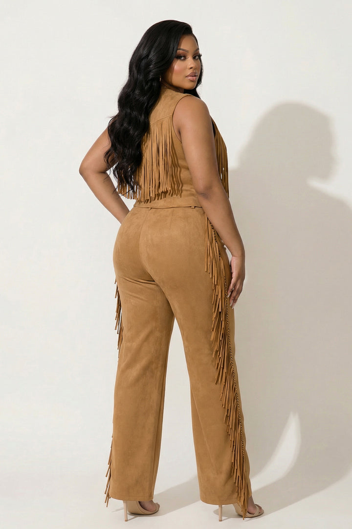JULIA Matching Sets Plus Size Button Down Side Tassel Top & Pants Set - Camel