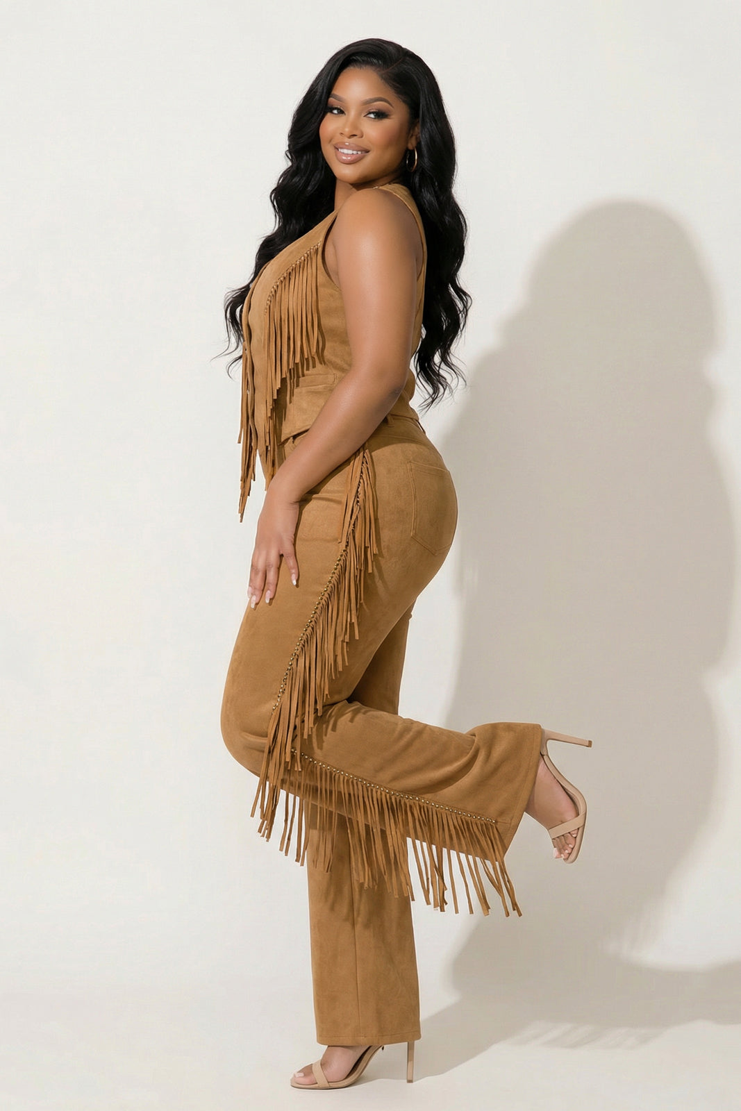 JULIA Matching Sets Plus Size Button Down Side Tassel Top & Pants Set - Camel