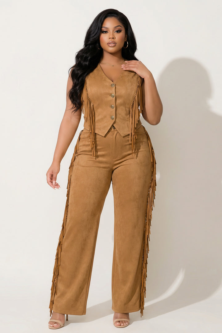 JULIA Matching Sets Plus Size Button Down Side Tassel Top & Pants Set - Camel