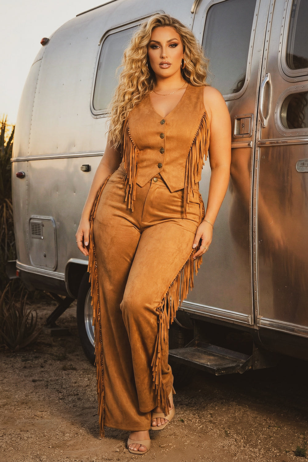 JULIA Matching Sets Plus Size Button Down Side Tassel Top & Pants Set - Camel