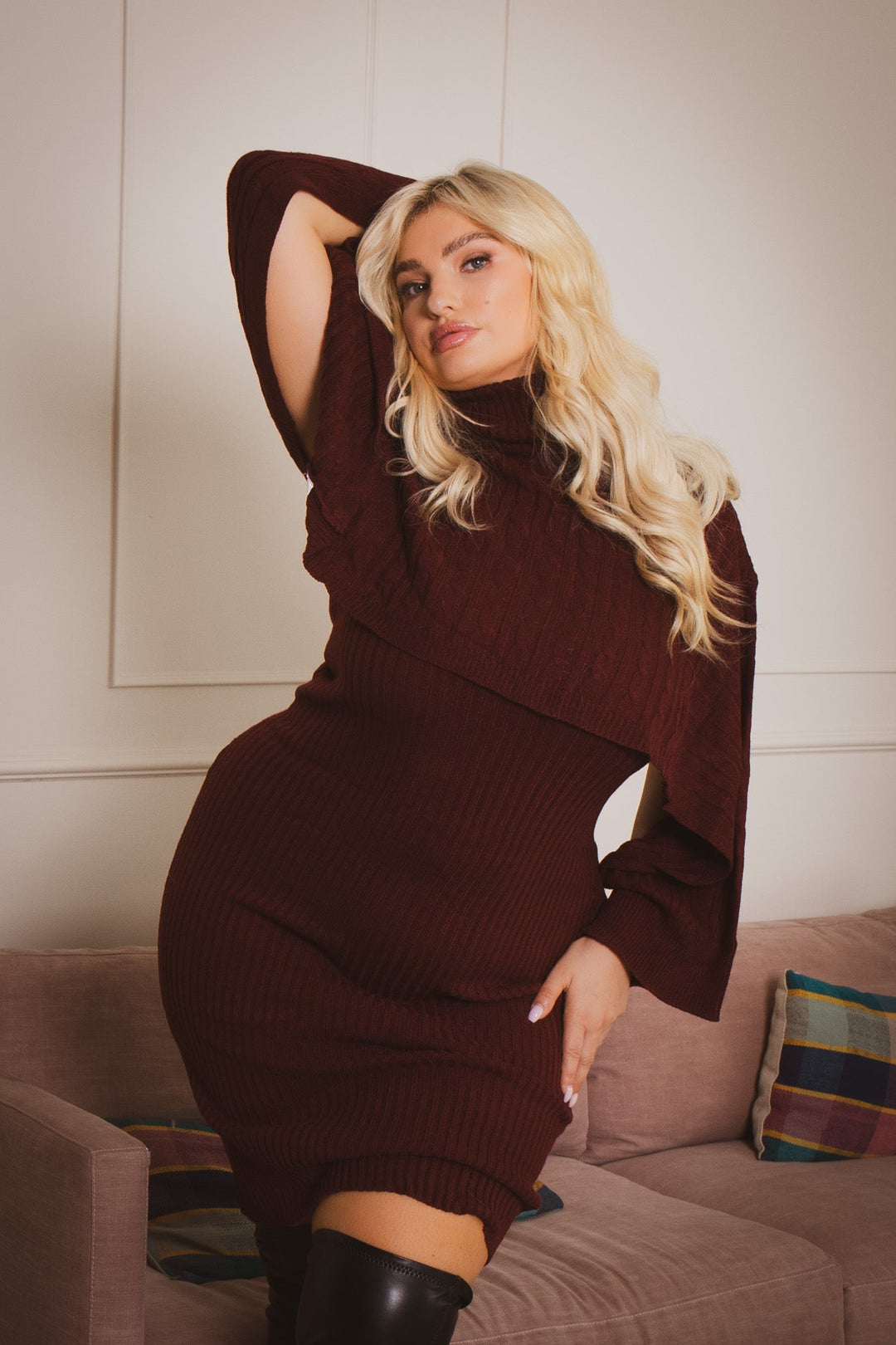 sweaterland Matching Sets Plus Size Chianne  Sweater Matching Set - Burgundy