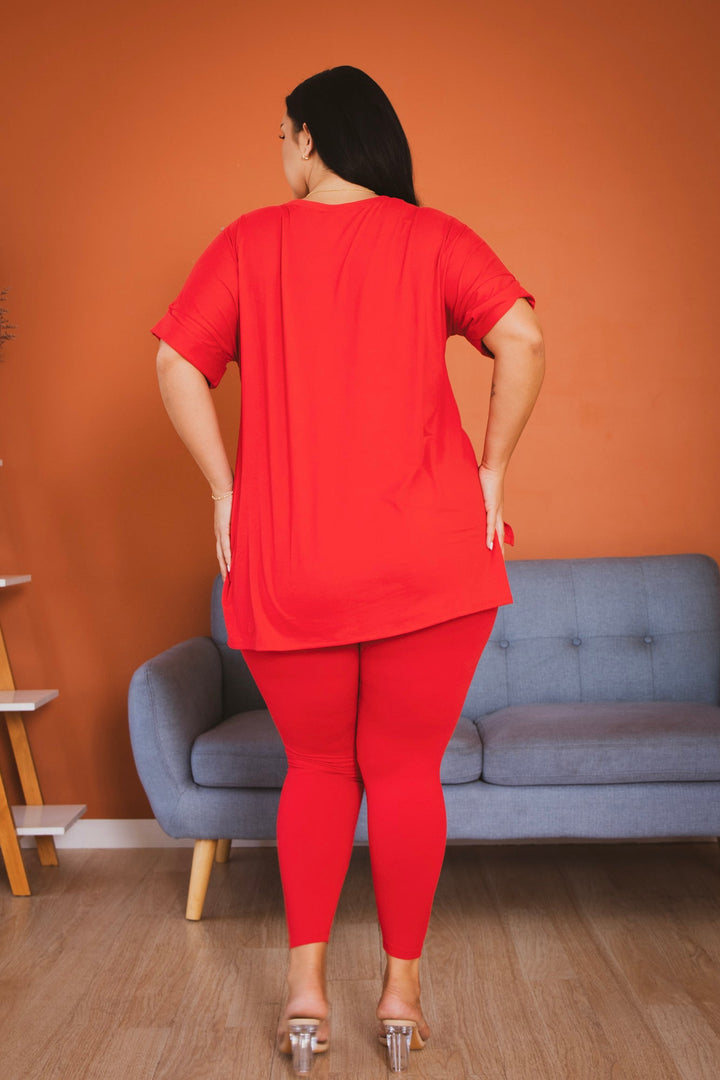 ZENANA Matching Sets Plus Size Cozy Tee And Legging Pant  Set - Red