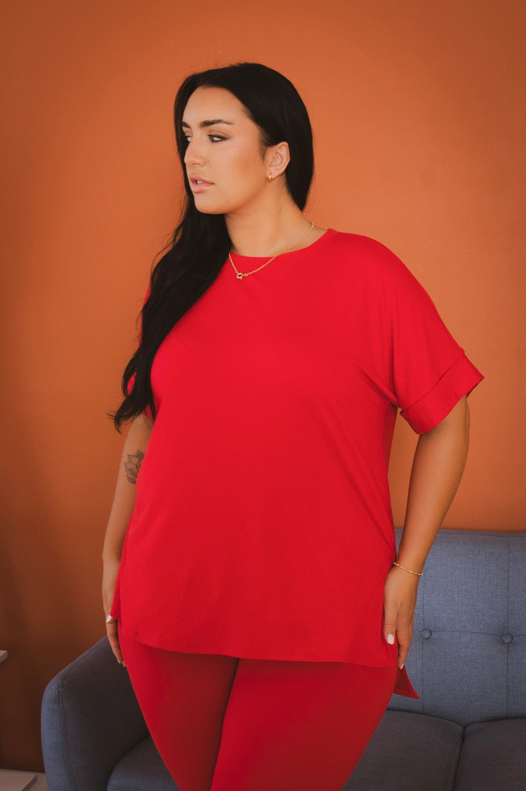 ZENANA Matching Sets Plus Size Cozy Tee And Legging Pant  Set - Red