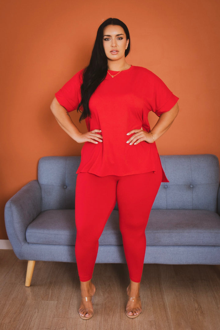 ZENANA Matching Sets Plus Size Cozy Tee And Legging Pant  Set - Red