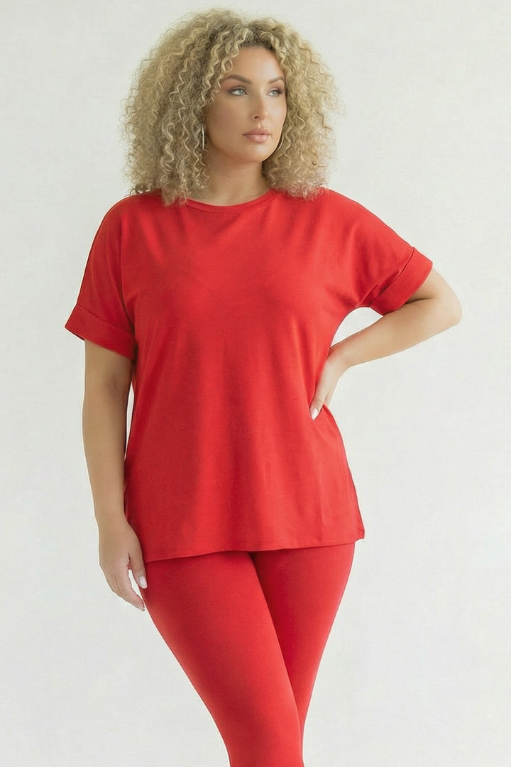 ZENANA Matching Sets Plus Size Cozy Tee And Legging Pant  Set - Red