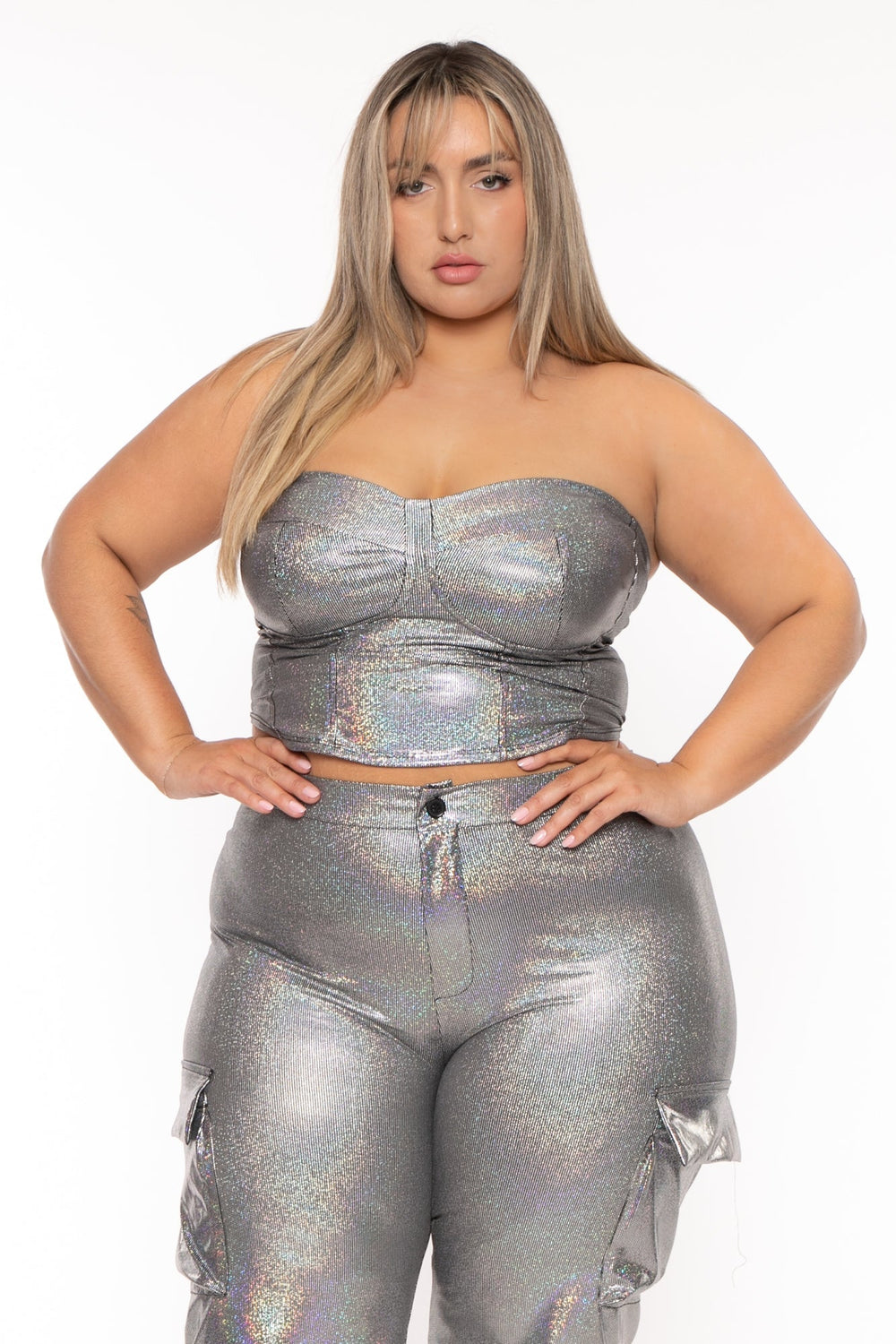 D ROCK Matching Sets Plus Size  Delicia Metallic  Matching Set  -Silver