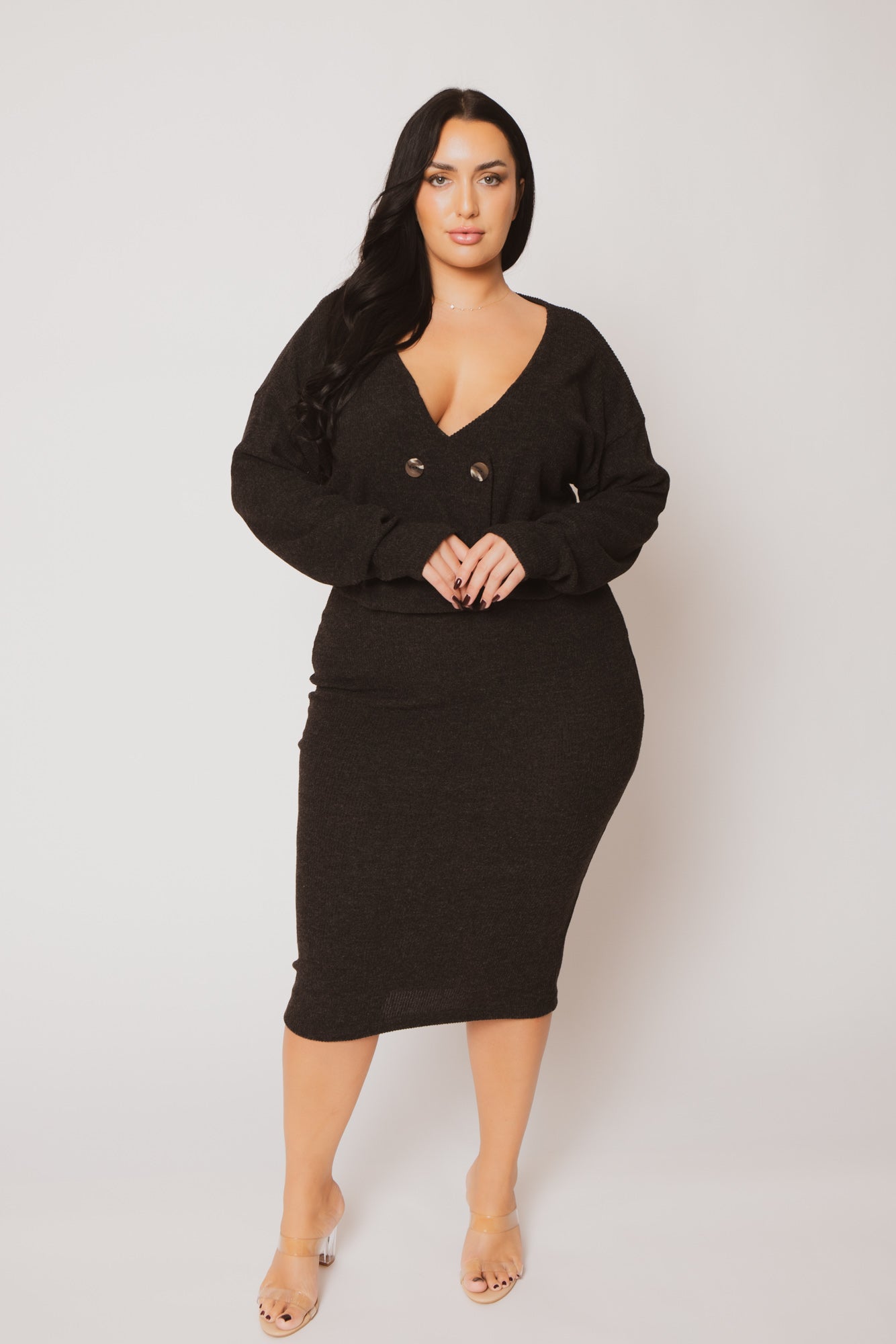 Women's Plus Size Harper Knit Skirt Set - Charcoal - Curvy Sense