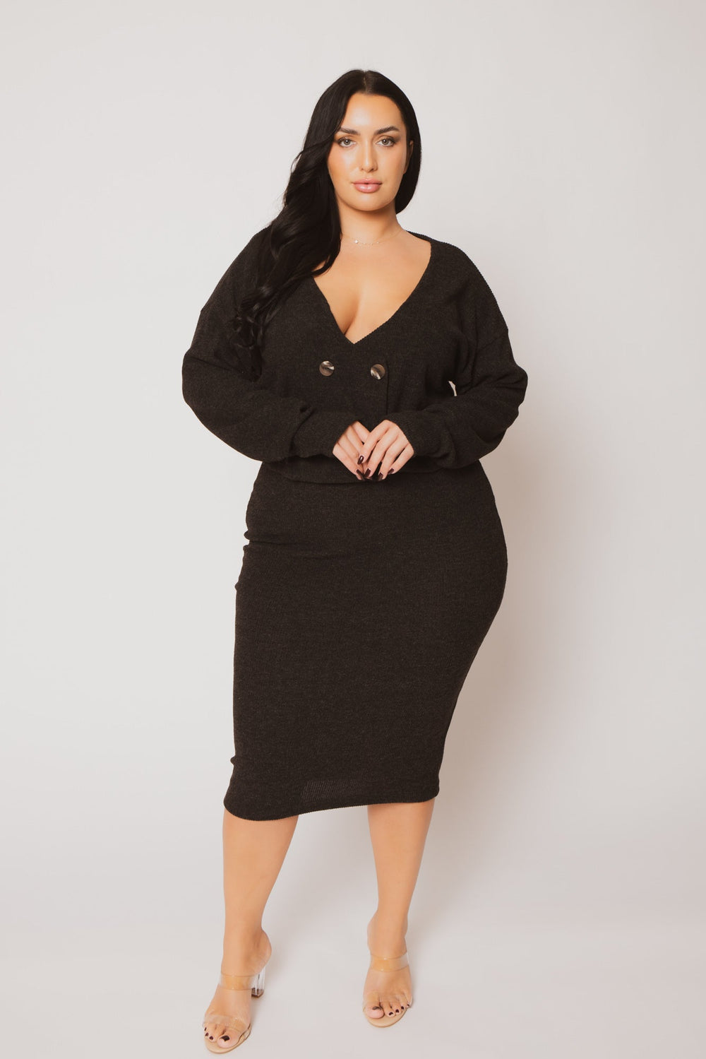 Women's Plus Size Harper Knit Skirt Set Charcoal Curvy Sense