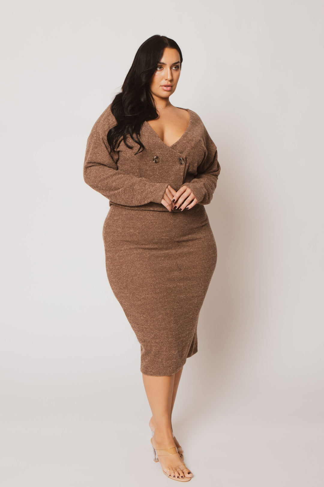 Women's Plus Size Harper Knit Skirt Set Mocha Curvy Sense
