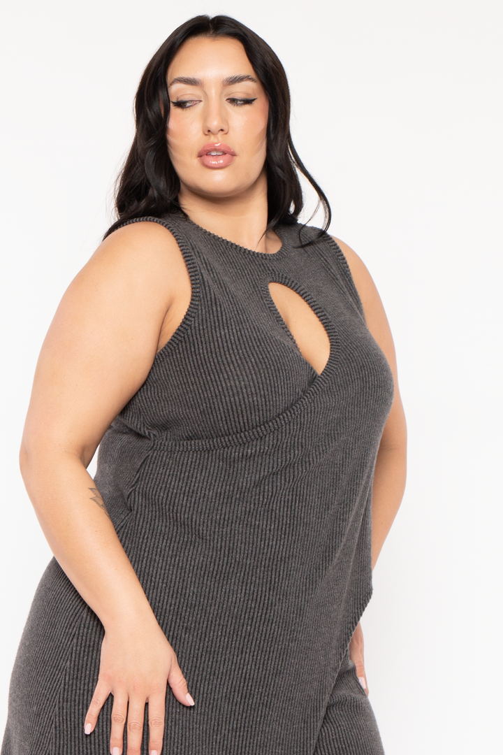 Curvy Sense Matching Sets Plus Size Joann Asymmetry Ribbed 2PC Set- Charcoal