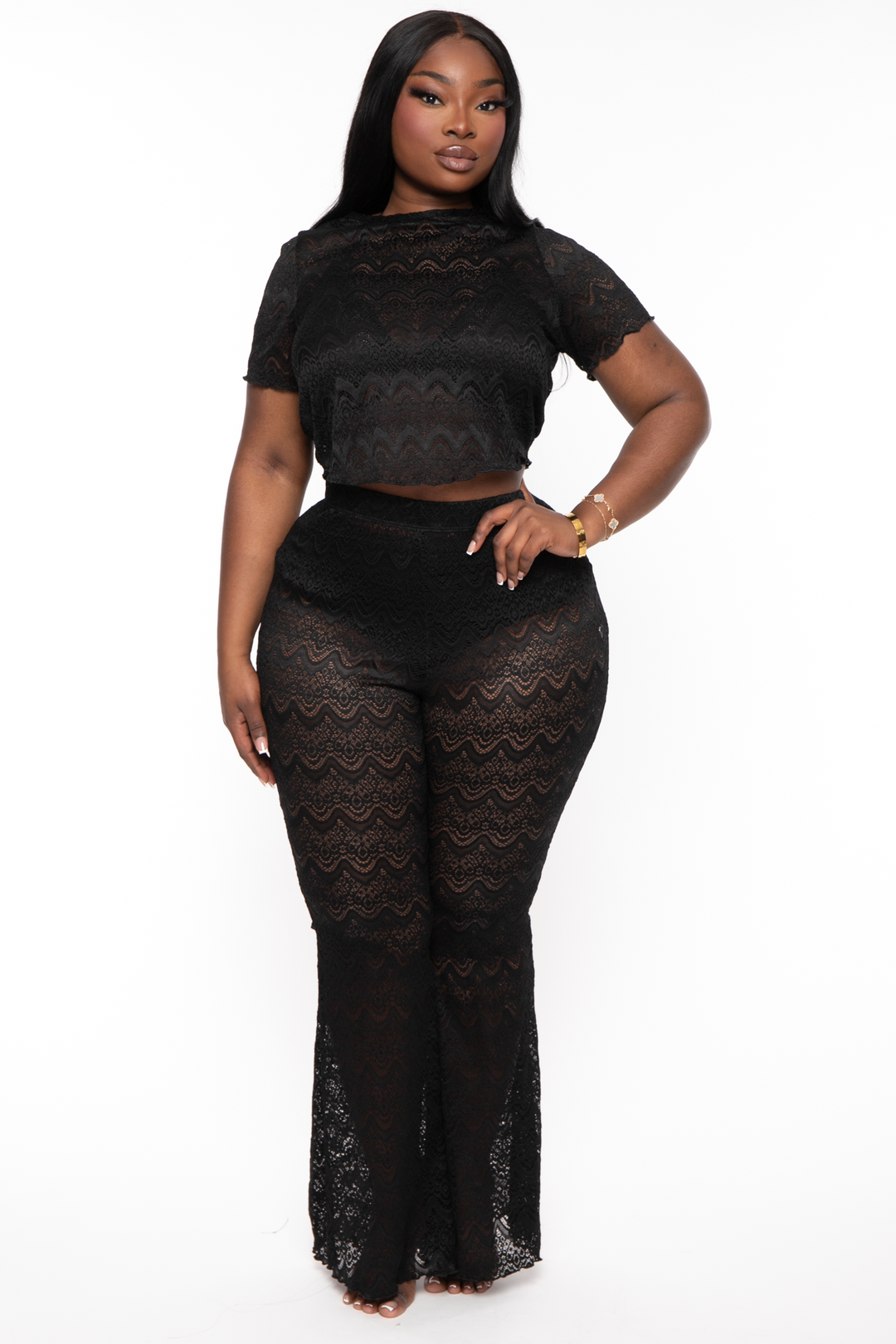 Plus Size Keily Lace Top And Pant Set Black Curvy Sense