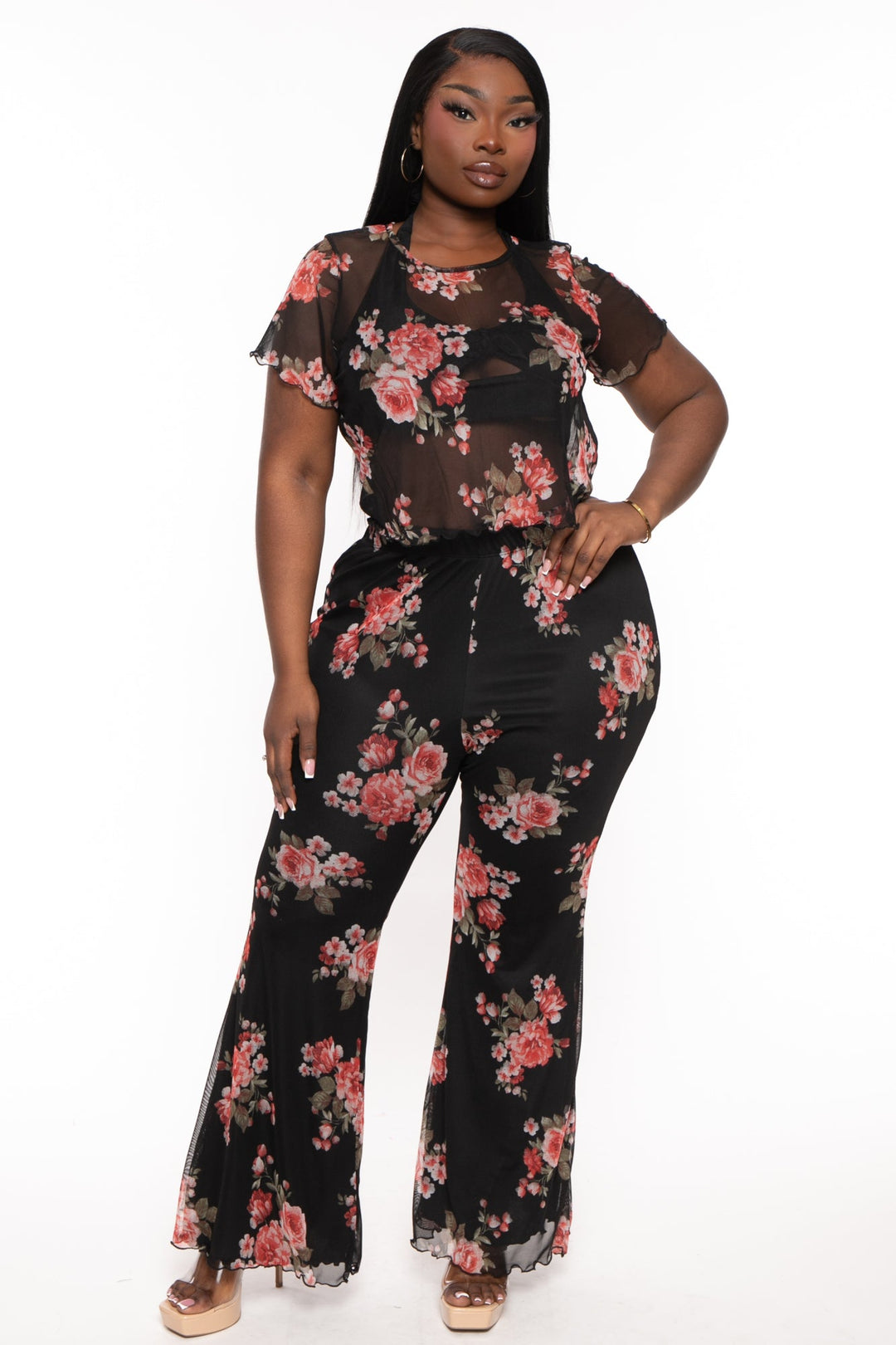Curvy Sense Matching Sets Plus Size Kelly Mesh Top And Pant Set -Black