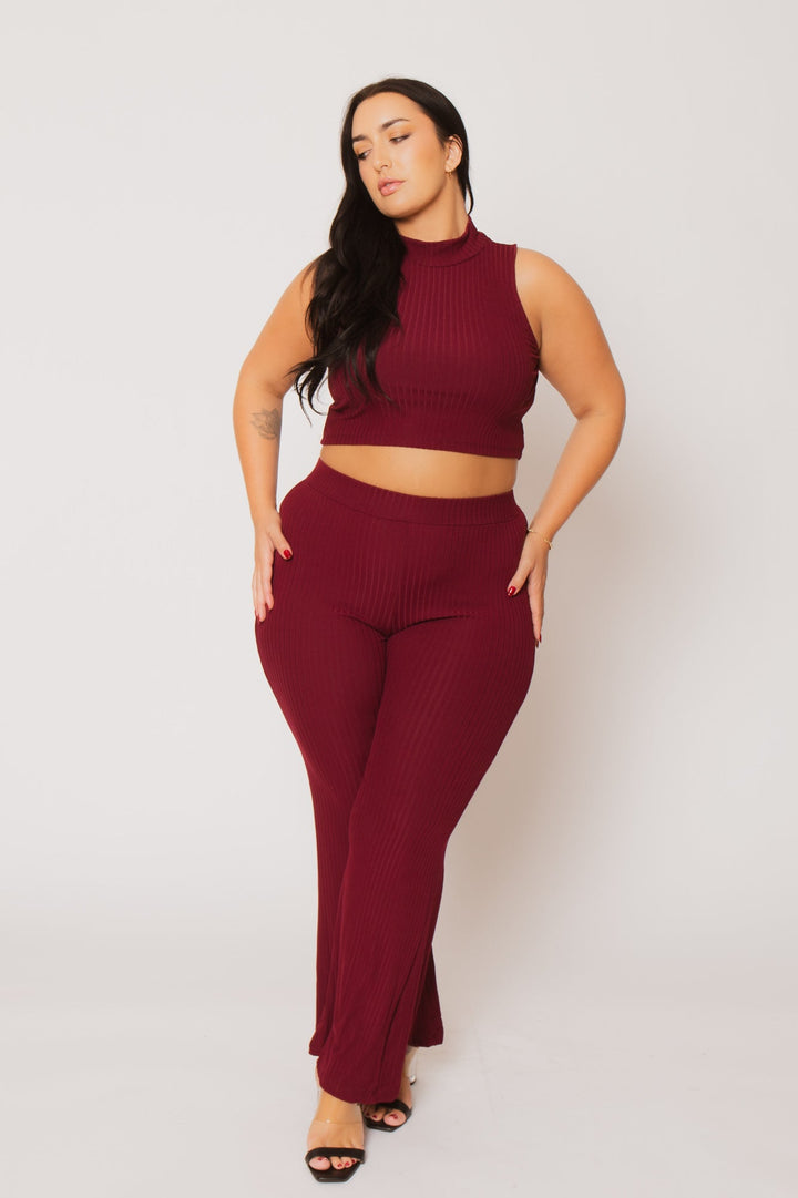 Capella Matching Sets Plus Size Lena Rib 2PC Set - Burgundy