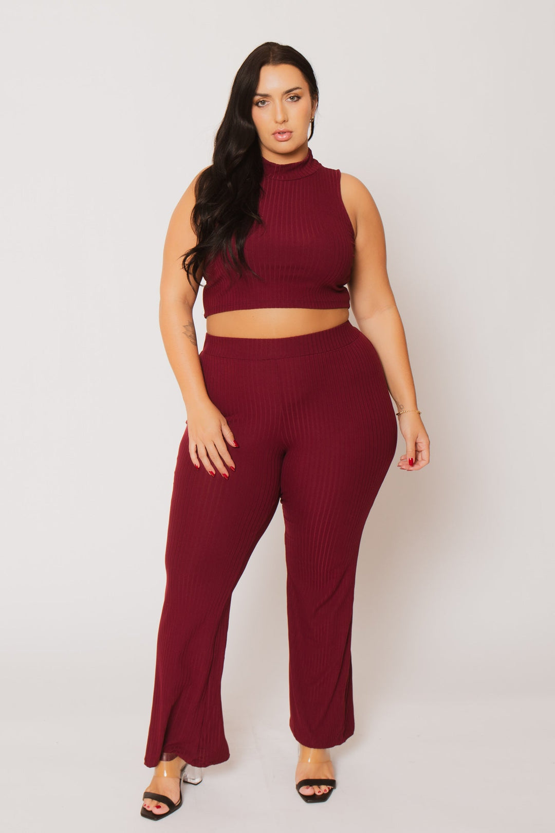 Capella Matching Sets Plus Size Lena Rib 2PC Set - Burgundy