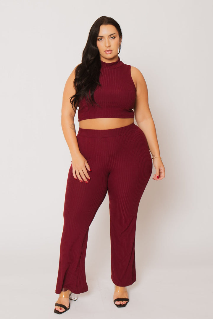 Capella Matching Sets Plus Size Lena Rib 2PC Set - Burgundy