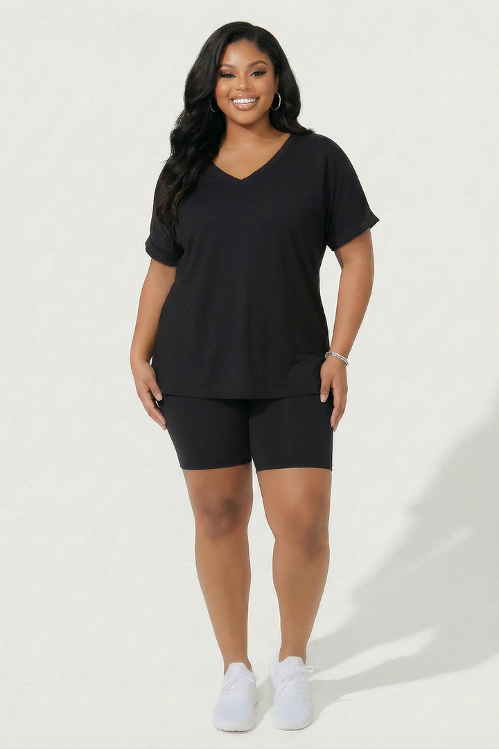 ZENANA Matching Sets Plus Size Lexa Tee And Biker Short Set - Black