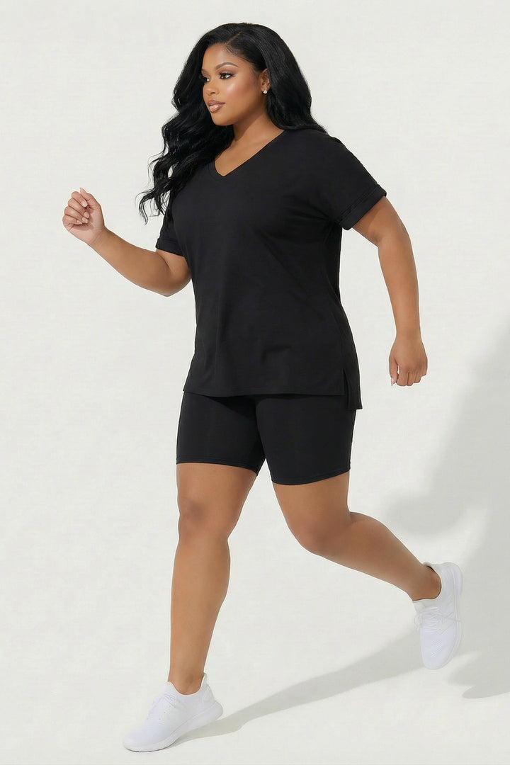 ZENANA Matching Sets Plus Size Lexa Tee And Biker Short Set - Black