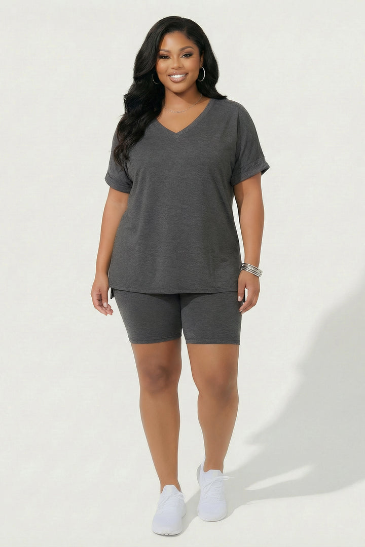 ZENANA Matching Sets Plus Size Lexa Tee And Biker Short Set - Grey