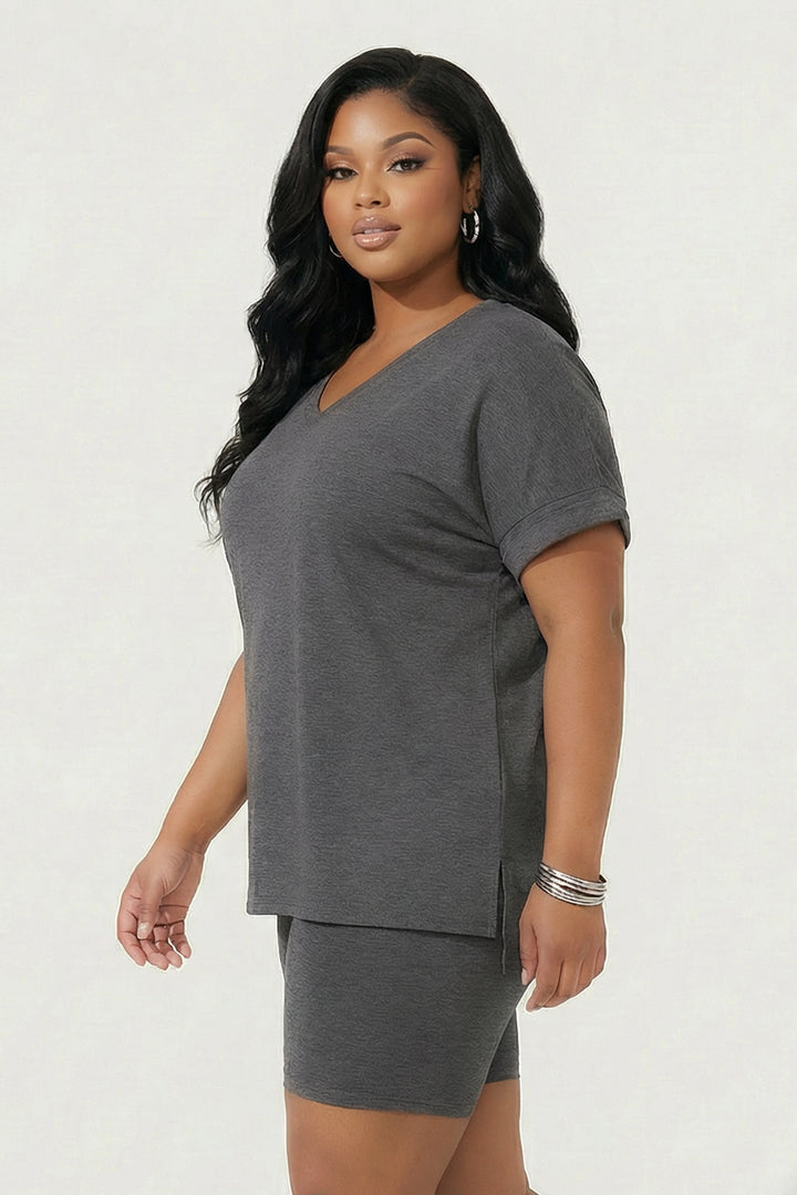 ZENANA Matching Sets Plus Size Lexa Tee And Biker Short Set - Grey