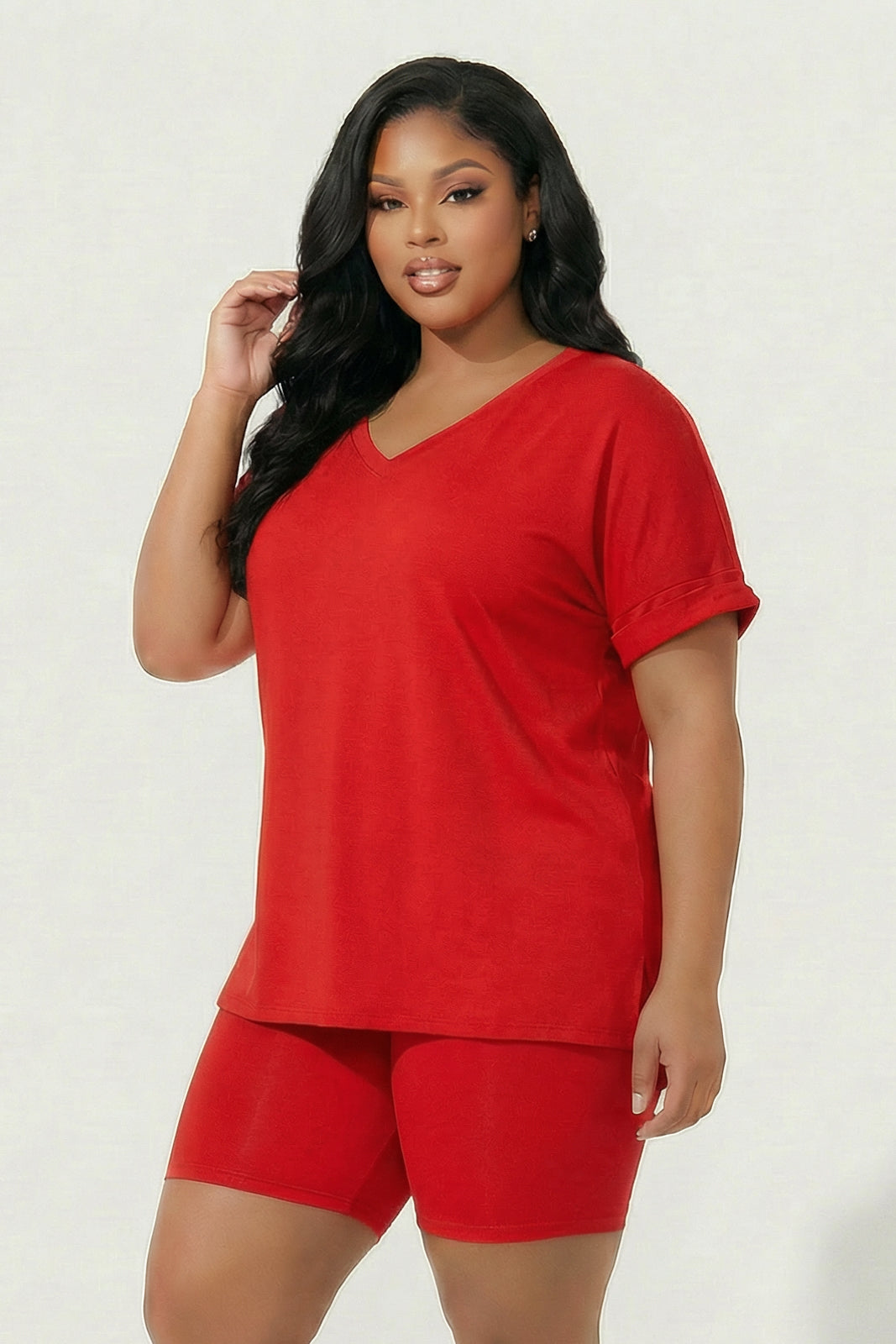 ZENANA Matching Sets Plus Size Lexa Tee And Biker Short Set - Red