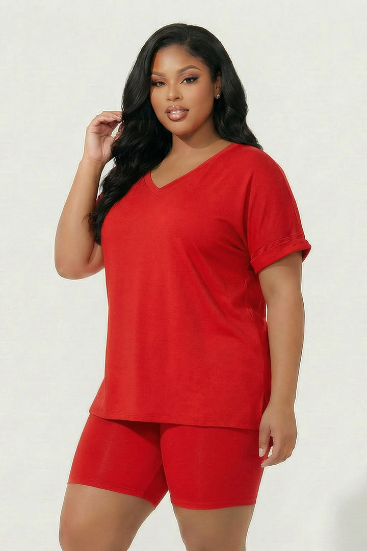 ZENANA Matching Sets Plus Size Lexa Tee And Biker Short Set - Red
