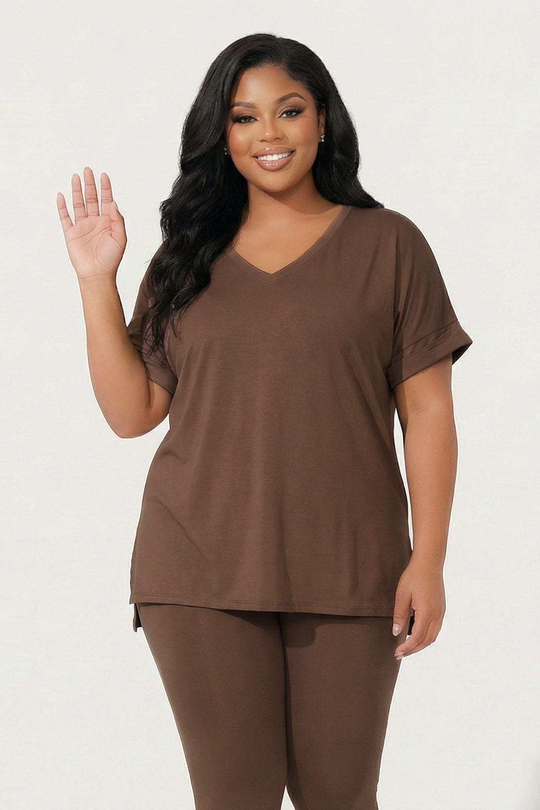 ZENANA Matching Sets Plus Size Lexa Tee And Legging Pant Set - Brown