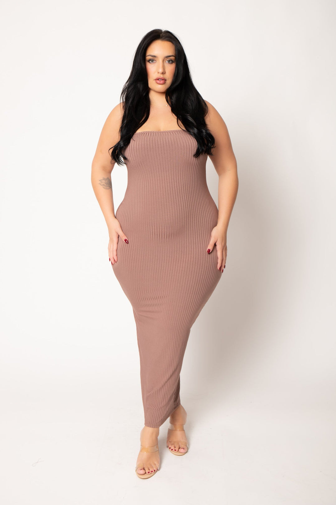 Gibiu Matching Sets Plus Size Lizah Tube Dress and Cardigan Set  - Brown