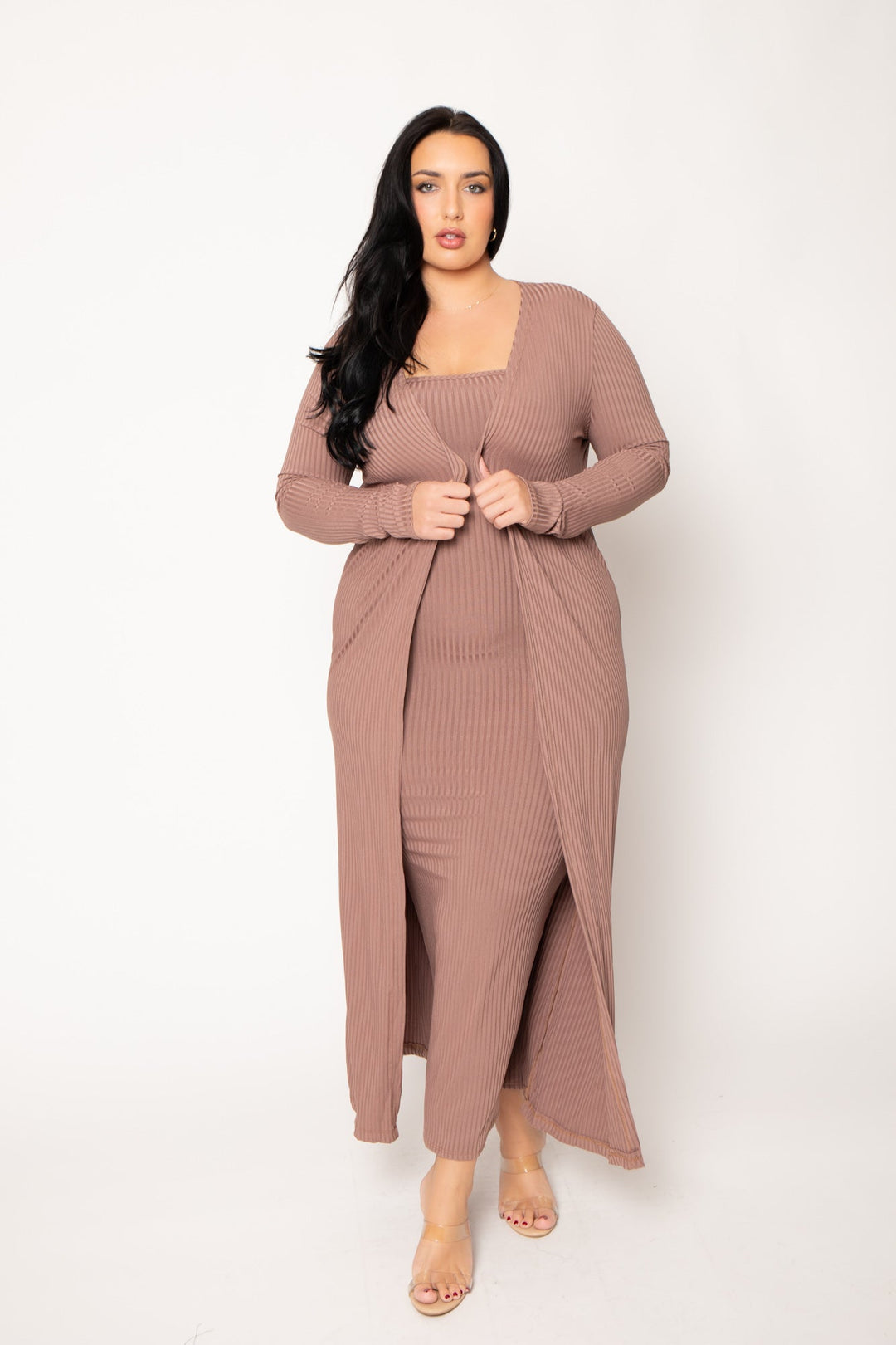 Gibiu Matching Sets Plus Size Lizah Tube Dress and Cardigan Set  - Brown