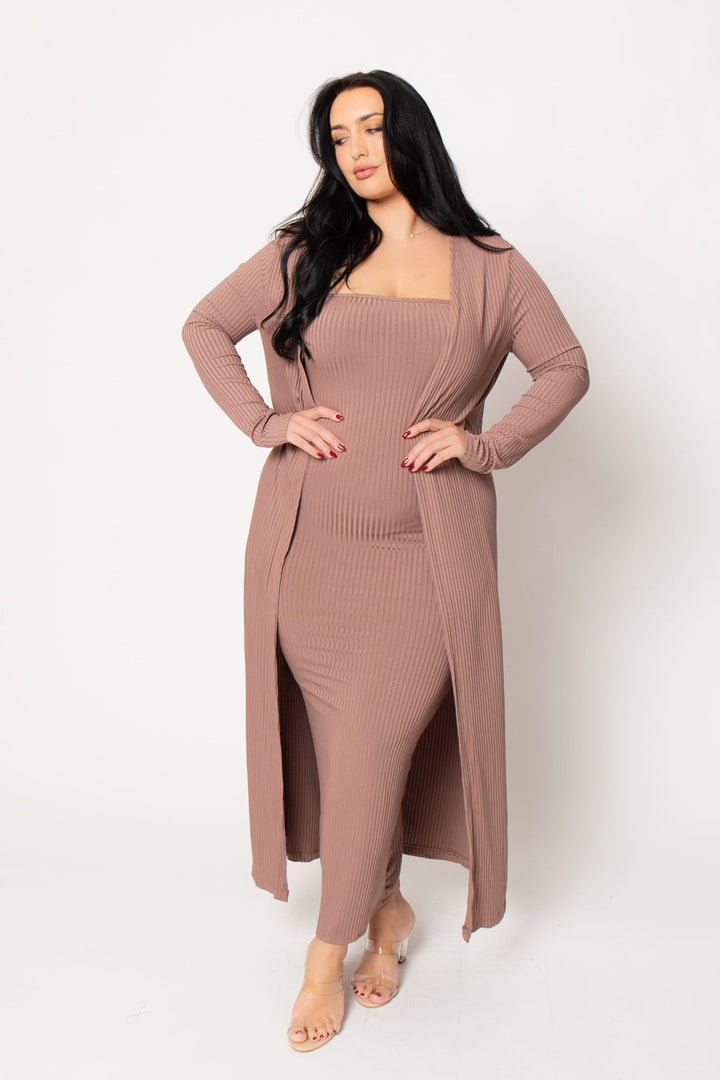 Gibiu Matching Sets Plus Size Lizah Tube Dress and Cardigan Set  - Brown