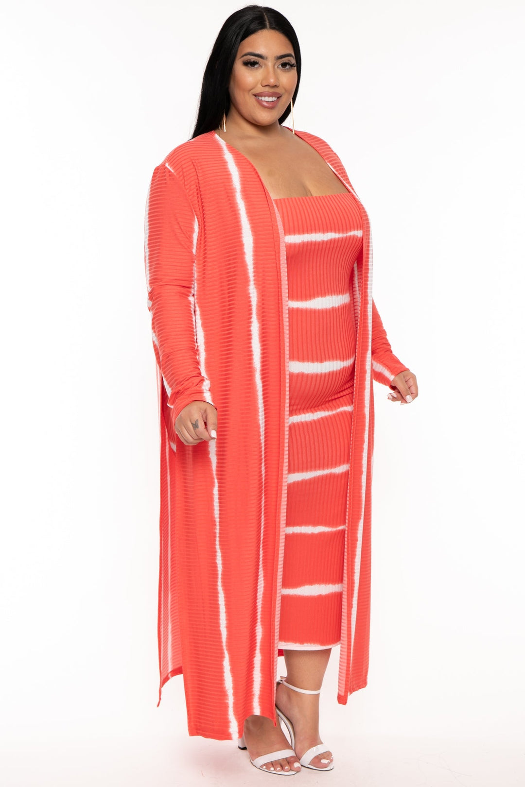 Gibiu Matching Sets Plus Size Lizah Tube Dress & Cardigan Set  - Coral