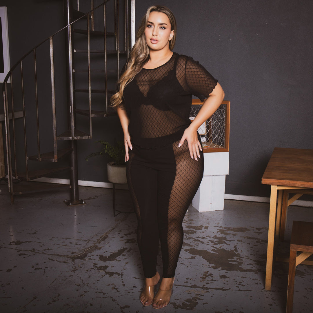 Curvy Sense Matching Sets Plus Size Nari Mesh 2pc  Set - Black