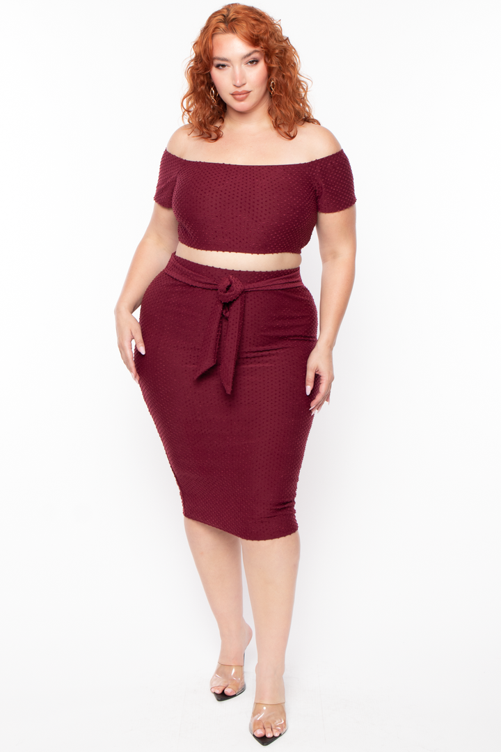 Curvy Sense Matching Sets Plus Size Off The Shoulder Textured Matching Set - Burgundy