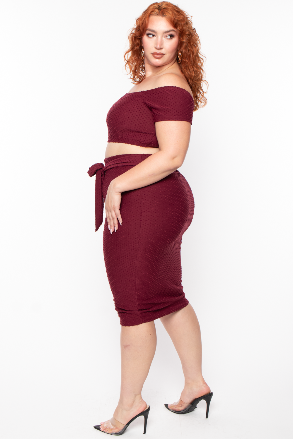 Curvy Sense Matching Sets Plus Size Off The Shoulder Textured Matching Set - Burgundy