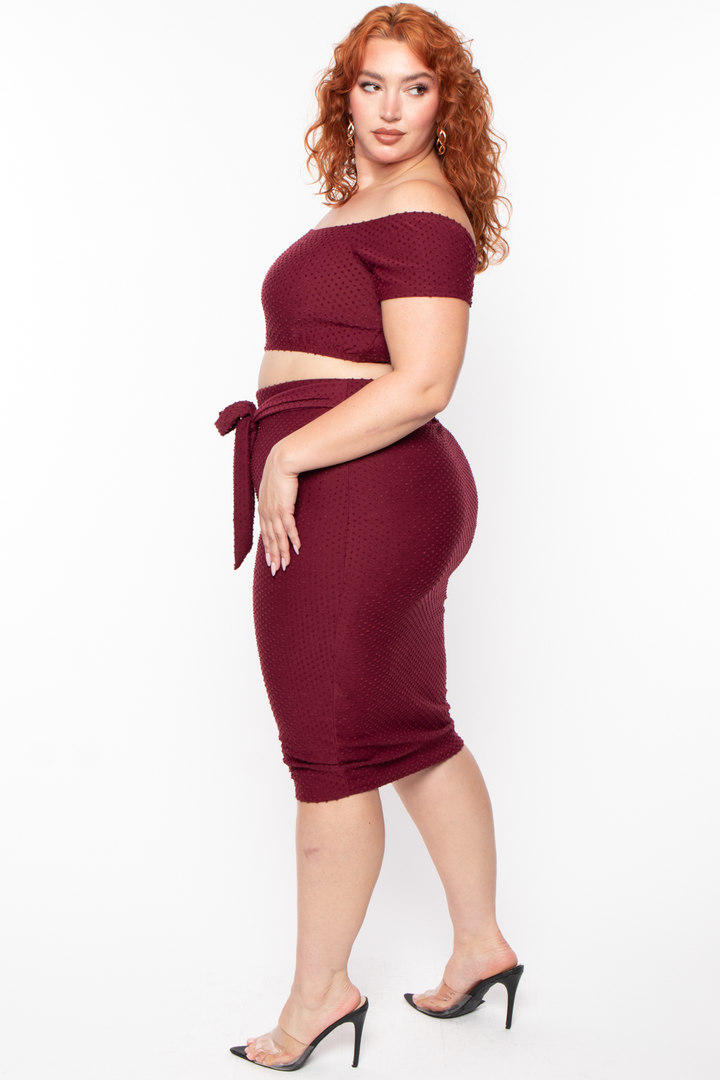 Curvy Sense Matching Sets Plus Size Off The Shoulder Textured Matching Set - Burgundy