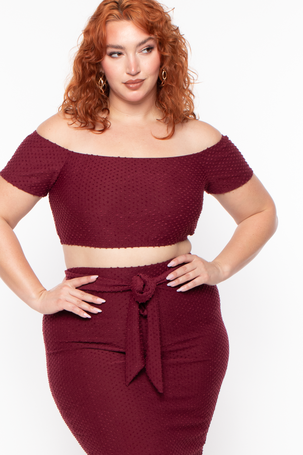 Curvy Sense Matching Sets Plus Size Off The Shoulder Textured Matching Set - Burgundy