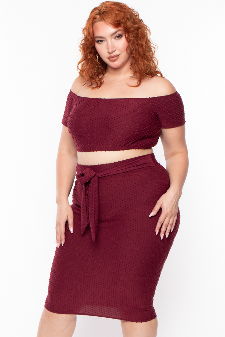 Curvy Sense Matching Sets Plus Size Off The Shoulder Textured Matching Set - Burgundy