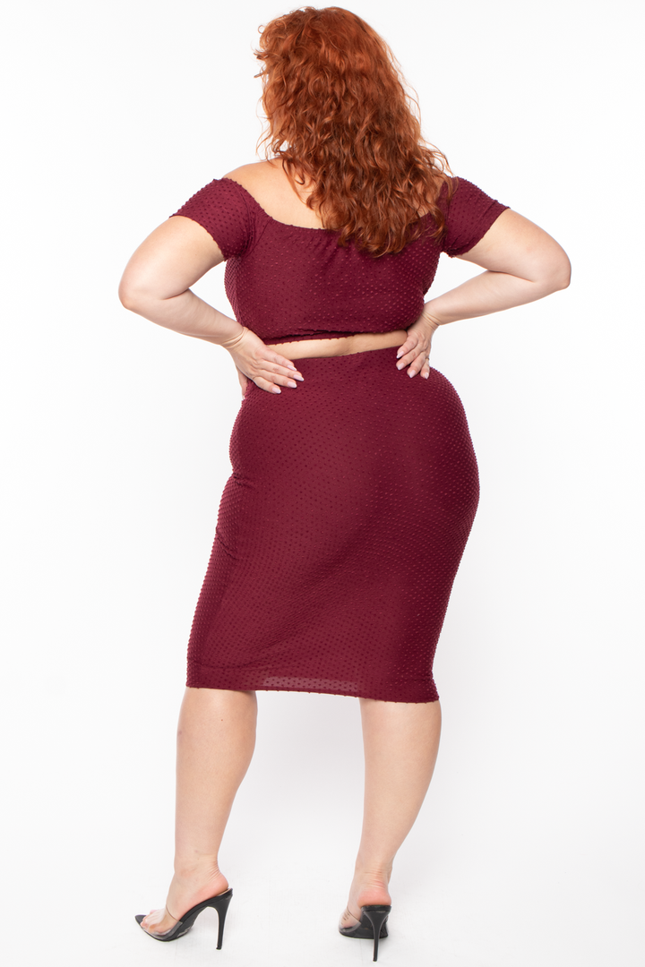 Curvy Sense Matching Sets Plus Size Off The Shoulder Textured Matching Set - Burgundy